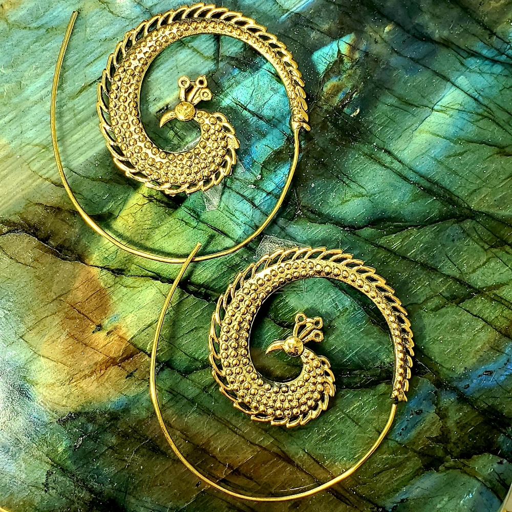Tribal Boho Brass/Gold Peacock Swirl Earrings